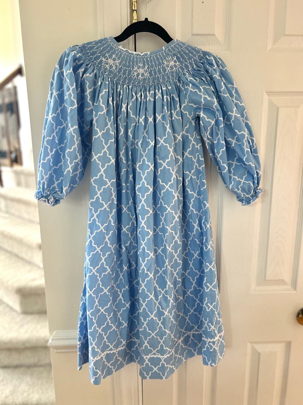 Girl's "Smocked PolkaDot" Blue Embroidered Snowflake Quatrefoil Print Dress